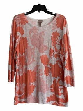 Chico's Coral & Light Gray Floral Scoop-Neck Tunic Sweater 3/4 length sleeves